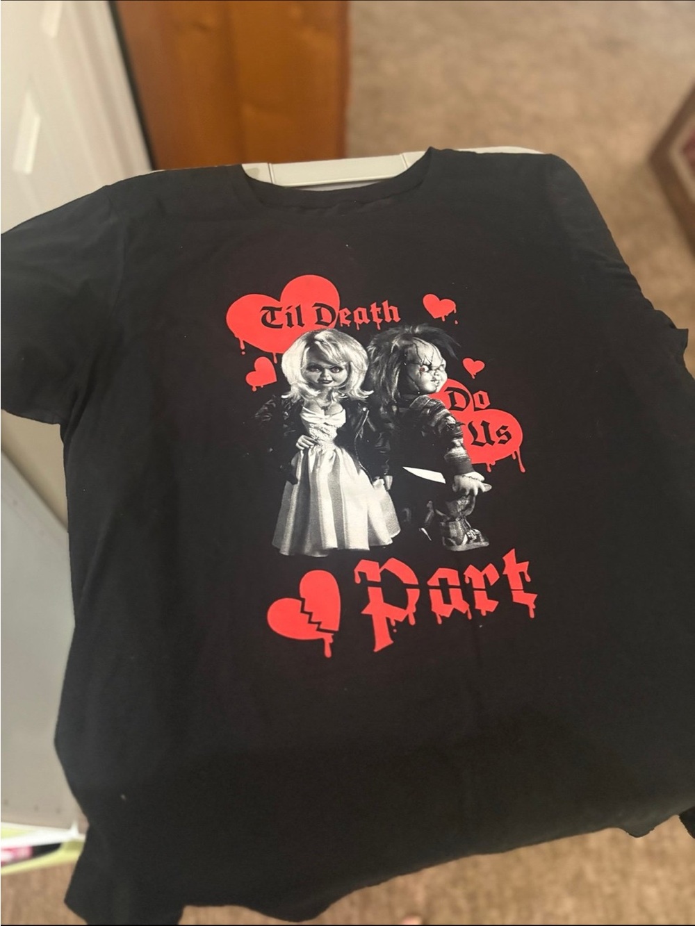 Black Graphic 'Til Death Do Us Part' Horror Chucky The Bride Doll Tee